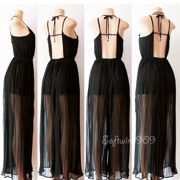 Black Sheer Pleated Wide Leg Palazzo Pant Jumpsuit - Picture 7 of 8